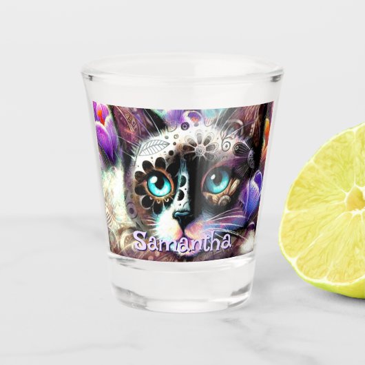 Siamese White Kitty Cat Crocus Floral Personalisie Schnapsglas (Vorderseite)