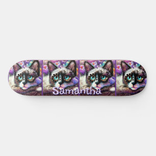 Siamese White Kitty Cat Crocus Floral Personalisie Skateboard