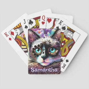 Siamese White Kitty Cat Crocus Floral Personalisie Spielkarten