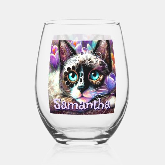 Siamese White Kitty Cat Crocus Floral Personalisie Weinglas Ohne Stiel (Vorderseite)