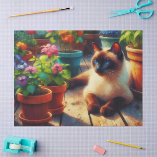 Siamesen Katze im Garten Gemälde Decoupage Seidenpapier (Basteln)