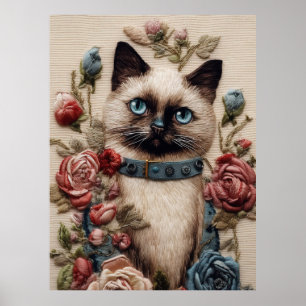 Siamesen Katze und Rose 3D Stickereikunst Poster