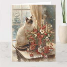Siamesische Katze arrangiert Blumen Winter Weihnac Karte