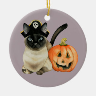Siamesische Katze Halloweens mit Jack O Laterne Keramikornament
