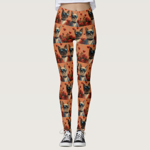 Siamesische Katze mit Herzrosen Valentinstag Leggings