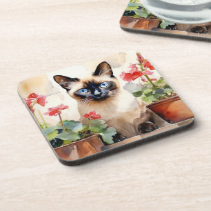 Siamesische Katze Rote Geranien Blumen Aquarell Hü Getränkeuntersetzer
