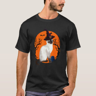 Siamesische Katze Süße Halloween Hexenhut und Mond T-Shirt