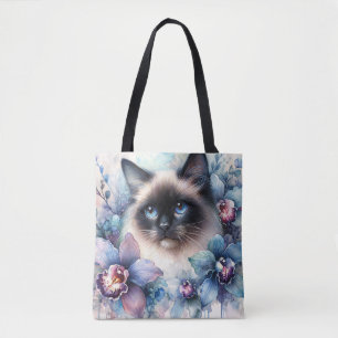 Siamesische Katze und Orchideenblüten Aquarell Tasche