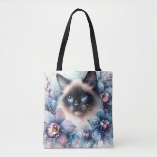 Siamesische Katze und Orchideenblüten Aquarell Tasche