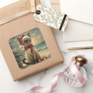 Siamesische Katze Weihnachten Vintage Strand  Quadratischer Aufkleber
