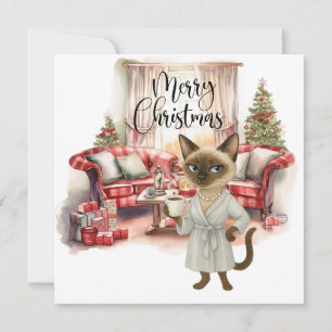 Siamesische Katze Weihnachtsreinigung im Haus  Feiertagskarte