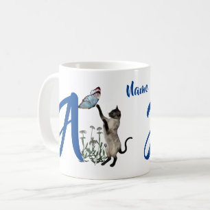 Siamesische Katzen-Schmetterling-Monogramm-Initial Kaffeetasse
