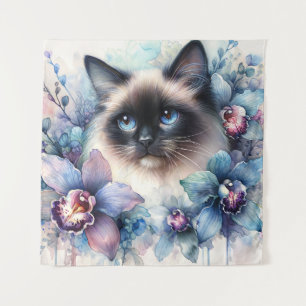 Siamesisches Katze unter Orchideenblumen Aquarell Wandteppich