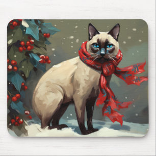 Siamessische Katze im Schnee Weihnachten Mousepad
