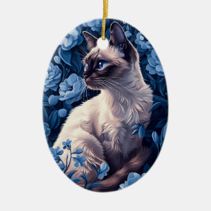 Siamische Katze in Blumen Keramik Ornament