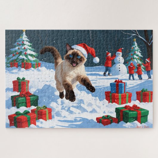 Siamische Katze läuft im Schnee mit Weihnachtsmütz Puzzle (Horizontal)