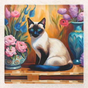 Siamische Katzen und Bouquets in Vasen, Aquarell Glasuntersetzer