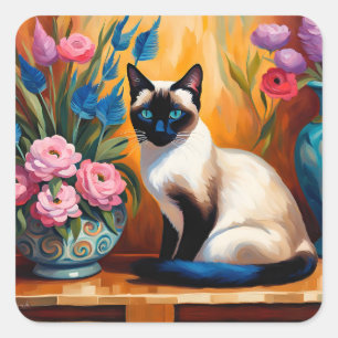 Siamische Katzen und Bouquets in Vasen, Aquarell Quadratischer Aufkleber