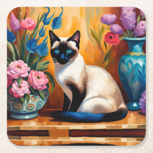 Siamische Katzen und Bouquets in Vasen, Aquarell Rechteckiger Pappuntersetzer