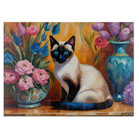 Siamische Katzen und Bouquets in Vasen, Aquarell Schneidebrett (Vorderseite)
