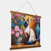 Siamische Katzen und Bouquets in Vasen, Aquarell Wandteppich Mit Holzrahmen (Gewinkelt)