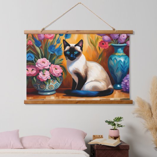 Siamische Katzen und Bouquets in Vasen, Aquarell Wandteppich Mit Holzrahmen (Schlafzimmer)