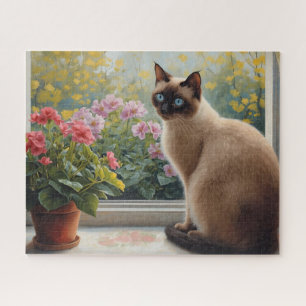 Siamkatze am Fenster mit Gartenblick Puzzle