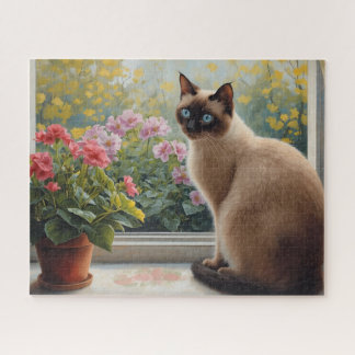 Siamkatze am Fenster mit Gartenblick Puzzle