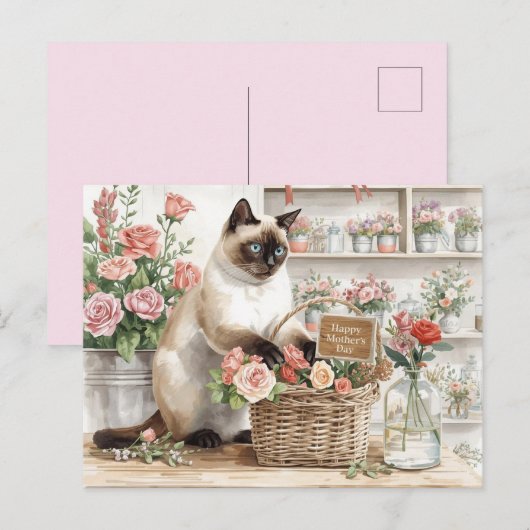 Siamkatze arrangiert Blumen zum Muttertag Postkarte (Vorne/Hinten)