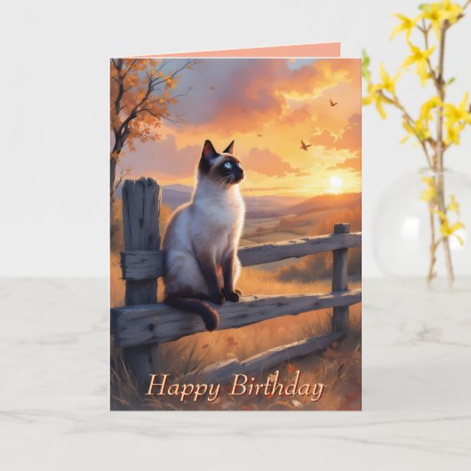 Siamkatze auf Splitterzaun Geburtstag Karte (Gelbe Blume)