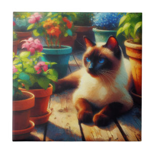 Siamkatze im Gartenölgemälde Fliese