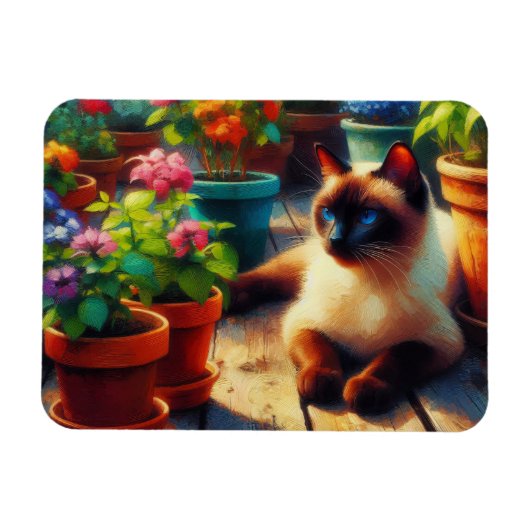 Siamkatze im Gartenölgemälde Magnet (Horizontal)