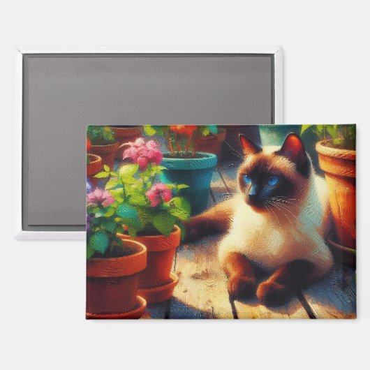 Siamkatze im Gartenölgemälde Magnet (Vorderseite/Rückseite)