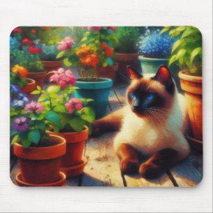 Siamkatze im Gartenölgemälde Mousepad