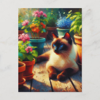Siamkatze im Gartenölgemälde Postkarte