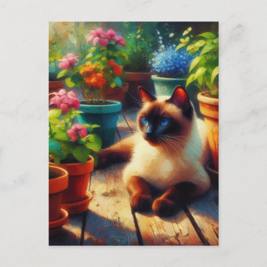 Siamkatze im Gartenölgemälde Postkarte (Vorderseite)