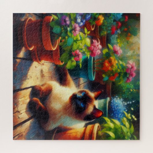 Siamkatze im Gartenölgemälde Puzzle (Horizontal)