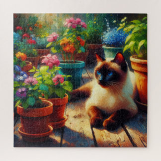 Siamkatze im Gartenölgemälde Puzzle