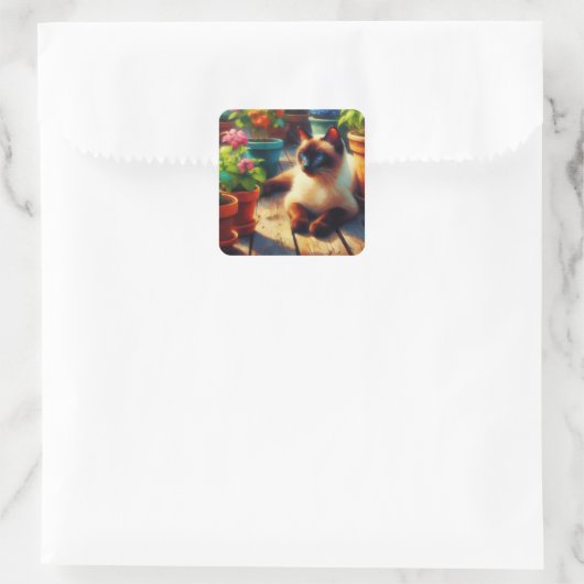 Siamkatze im Gartenölgemälde Quadratischer Aufkleber (Tasche)