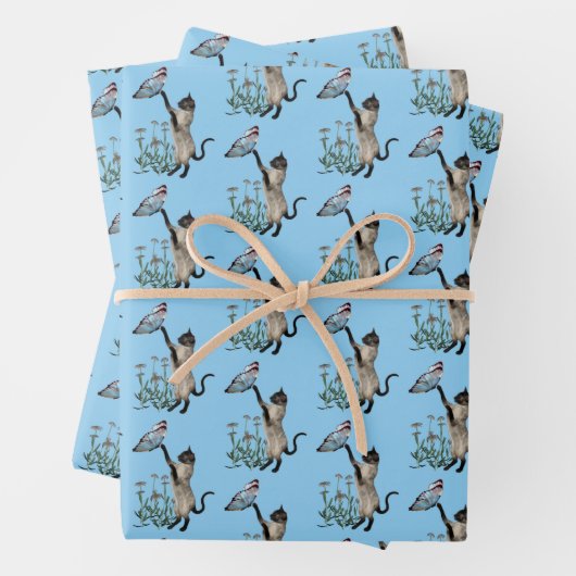 Siamkatze mit blauem Schmetterlingstiermuster Geschenkpapier Set (Beispiel)