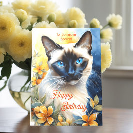 Siamkatze mit gelborangen Blume Geburtstag Karte
