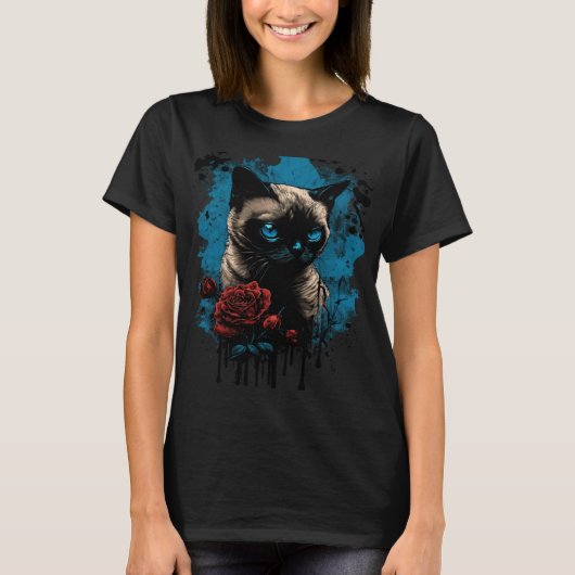 Siamkatze mit rote Rose T-Shirt (Vorderseite)