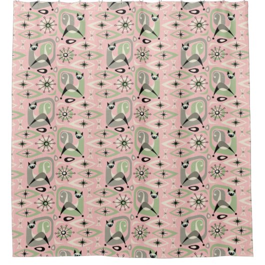 Siamkatze Mitte Jahrhundert Abstrakt Duschvorhang (Vorderseite)