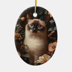 Siamkatze umgeben von blassrosa Blüten Keramik Ornament
