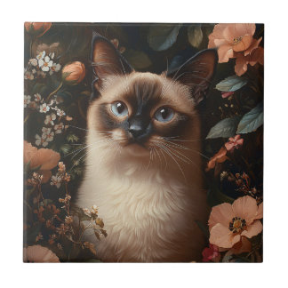 Siamkatze, umgeben von blütenrosa Blume Fliese