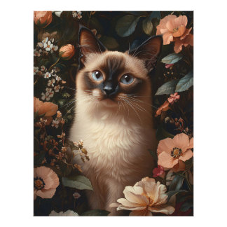 Siamkatze, umgeben von blütenrosa Blume Fotodruck