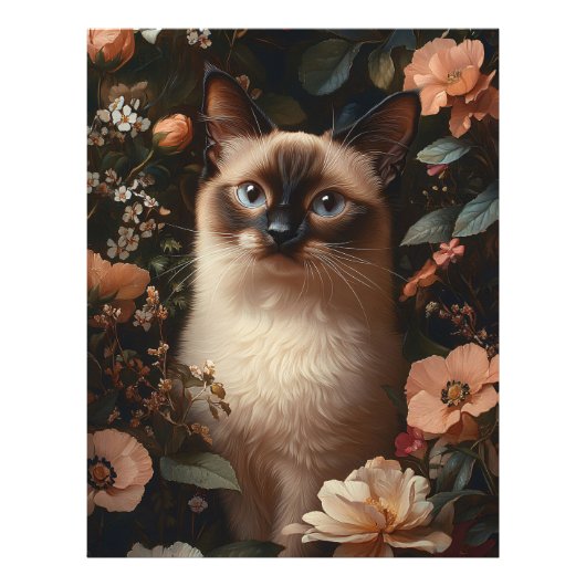 Siamkatze, umgeben von blütenrosa Blume Fotodruck (Vorne)