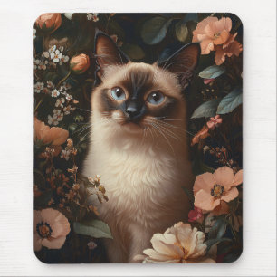 Siamkatze, umgeben von blütenrosa Blume Mousepad