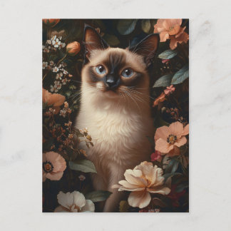 Siamkatze, umgeben von blütenrosa Blume Postkarte
