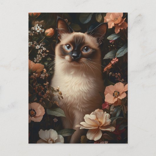 Siamkatze, umgeben von blütenrosa Blume Postkarte (Vorderseite)